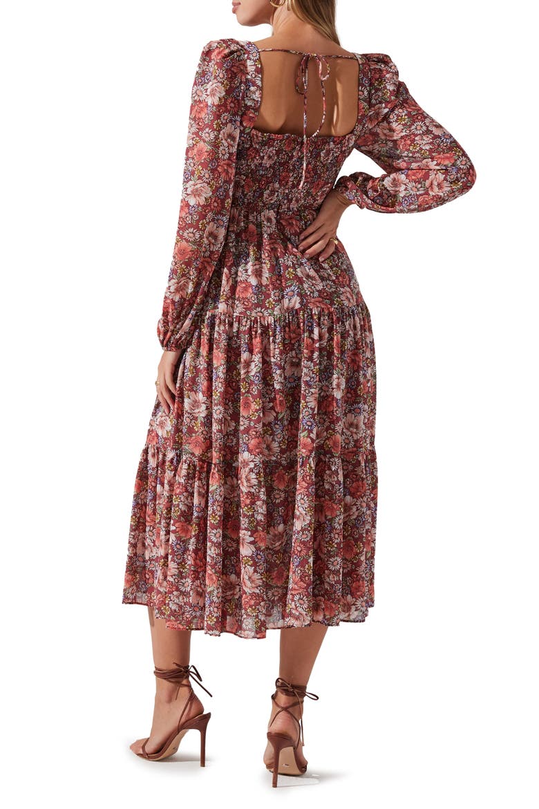 Floral Pleated Long Sleeve Midi Dress, Alternate, color, RUST ML FL