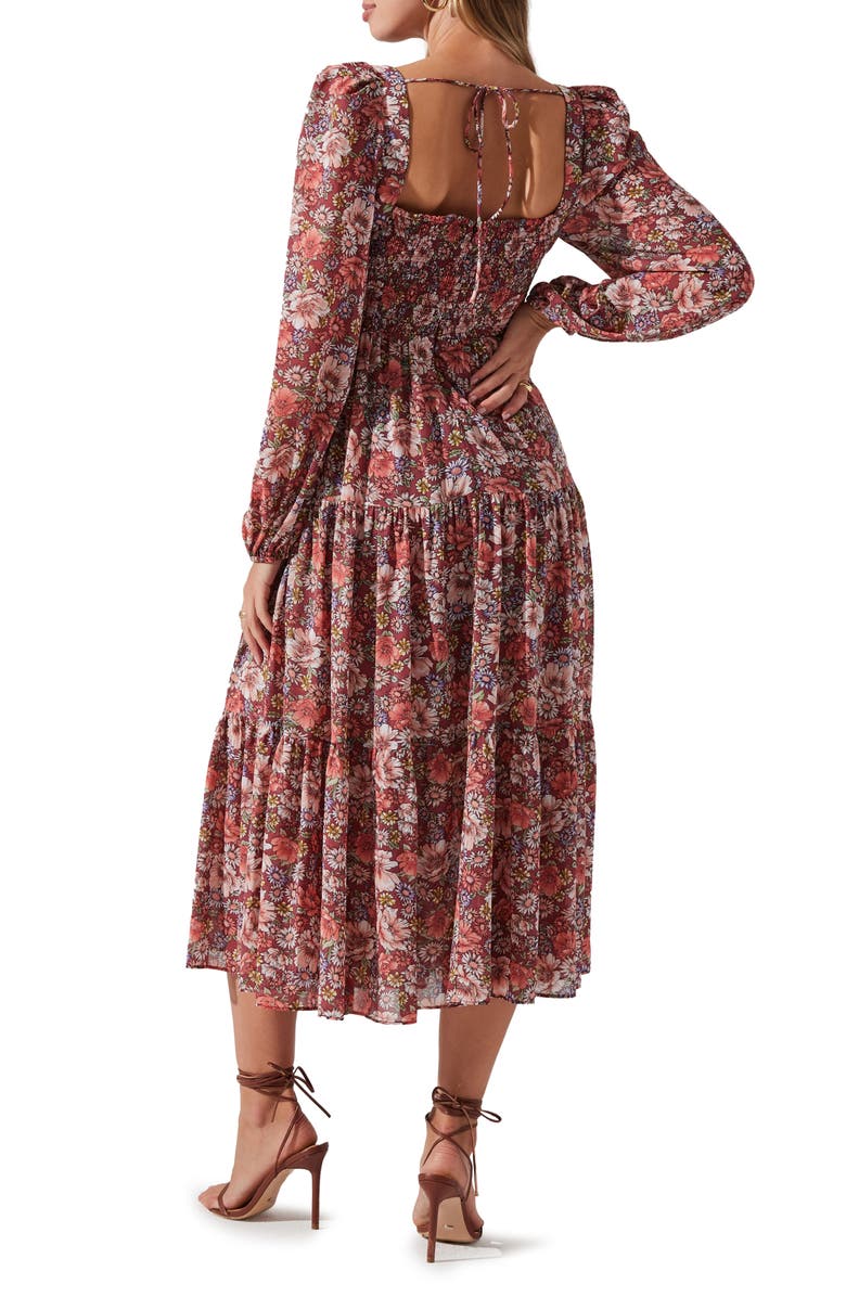 ASTR the Label Floral Pleated Long Sleeve Midi Dress, Alternate, color, Rust Multi Floral