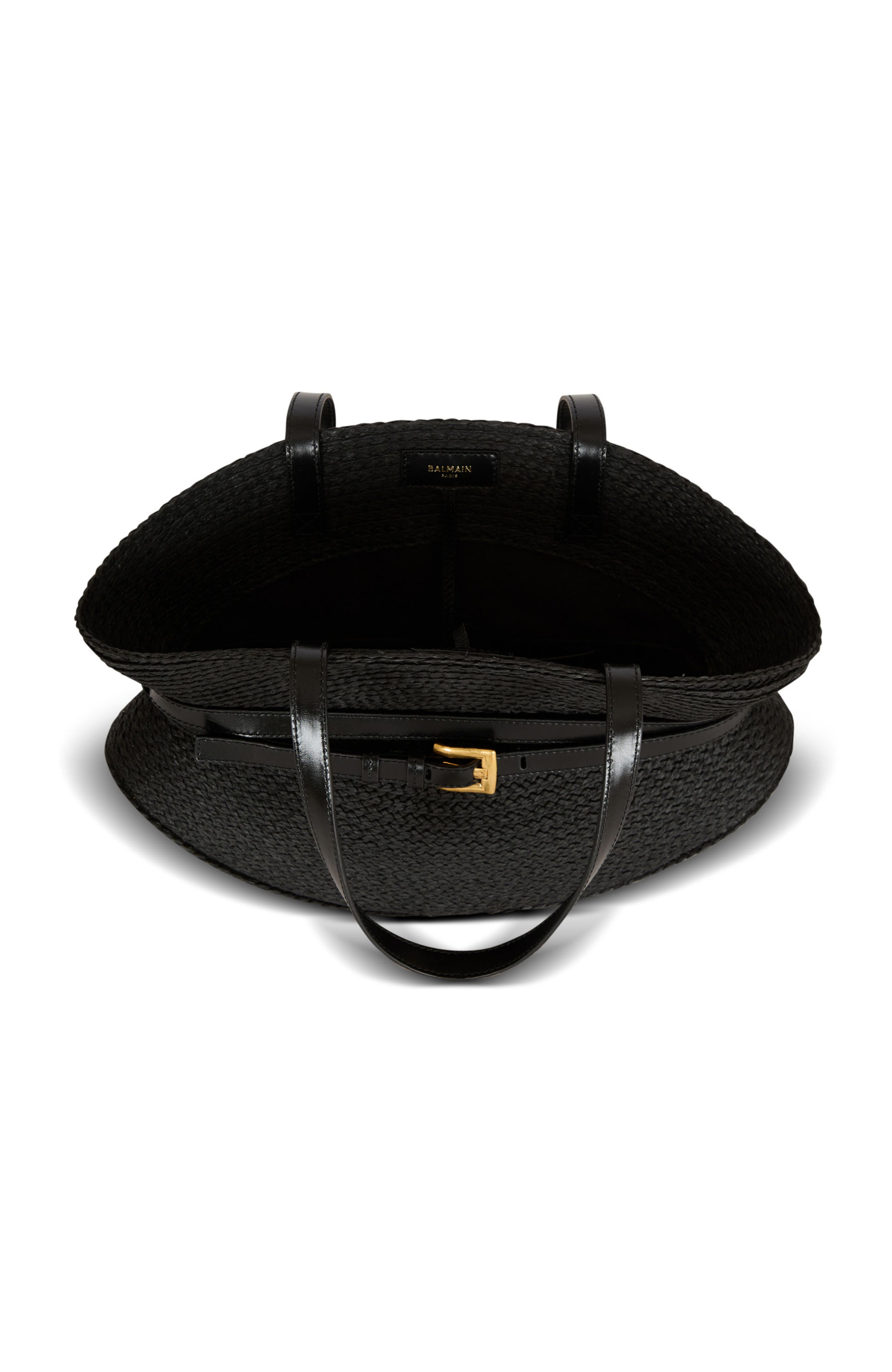 Balmain Shuffle Medium bag in calfskin leather and raffia, Alternate, color, Black