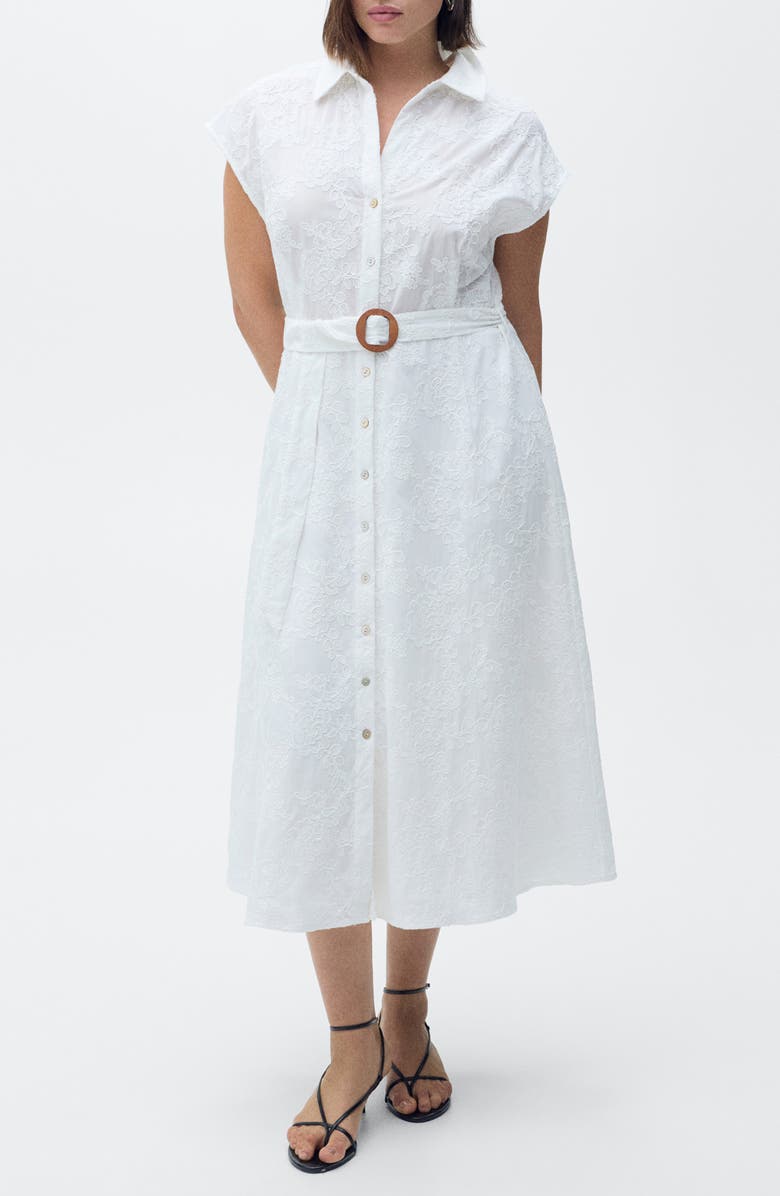 MANGO Floral Embroidered Cap Sleeve Cotton Shirtdress, Alternate, color, White