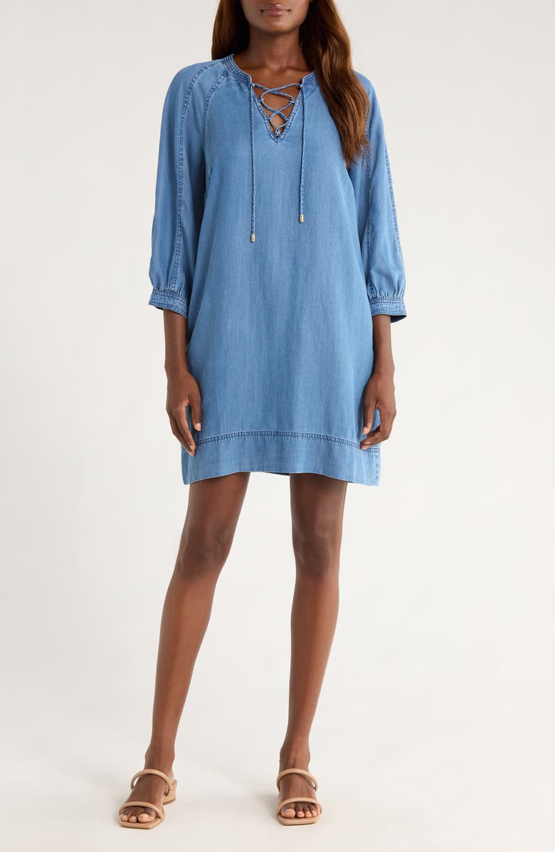 Tommy Bahama Chambray O'Lei Lace-Up Shift Dress, Main, color, Med Indigo Wash