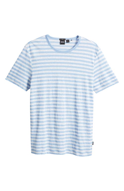 Hugo Boss Open Blue Pure Linen Horizontal Striped T Shirt In Open Blue