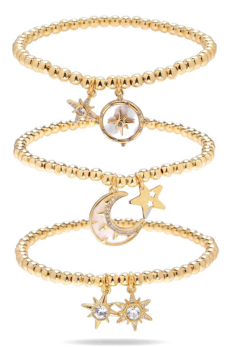 Set of 3 Charm Stretch Bracelets, Main, color, GOLD