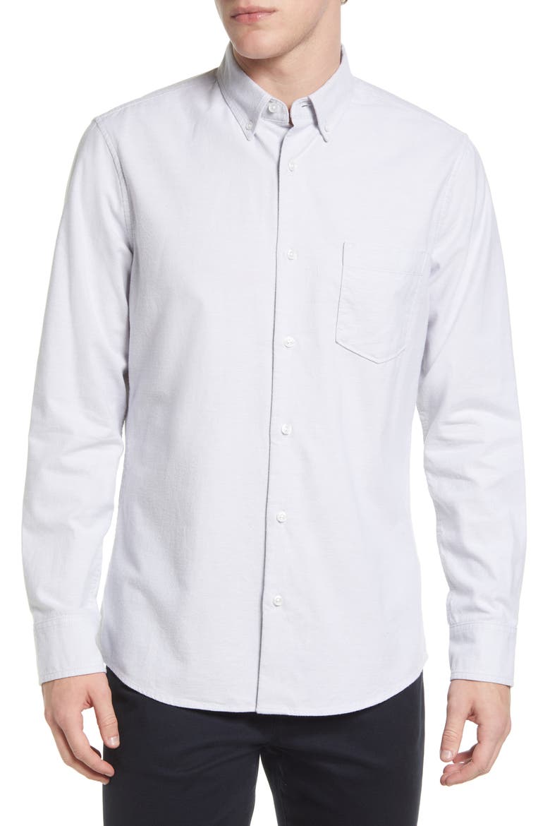 Trim Fit Stripe Stretch Cotton Oxford Button-Up Shirt, Main, color, GREY SILK- WHITE STRIPE