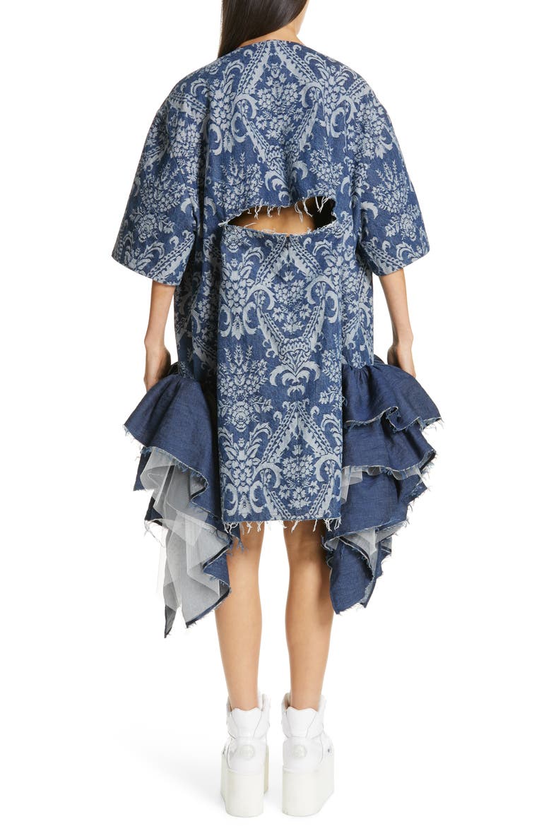 Denim Jacquard Tulle Dress, Alternate, color, DARK INDIGO X WHITE