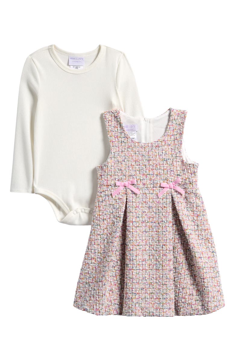 Iris & Ivy Long Sleeve Bodysuit & Bouclé Jumper Dress Set, Main, color, Pink