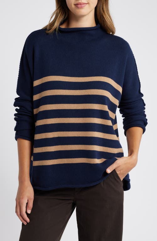 Frank & Eileen Monterey Stripe Cotton Funnel Neck Sweater in Navy W/Camel Stripe 