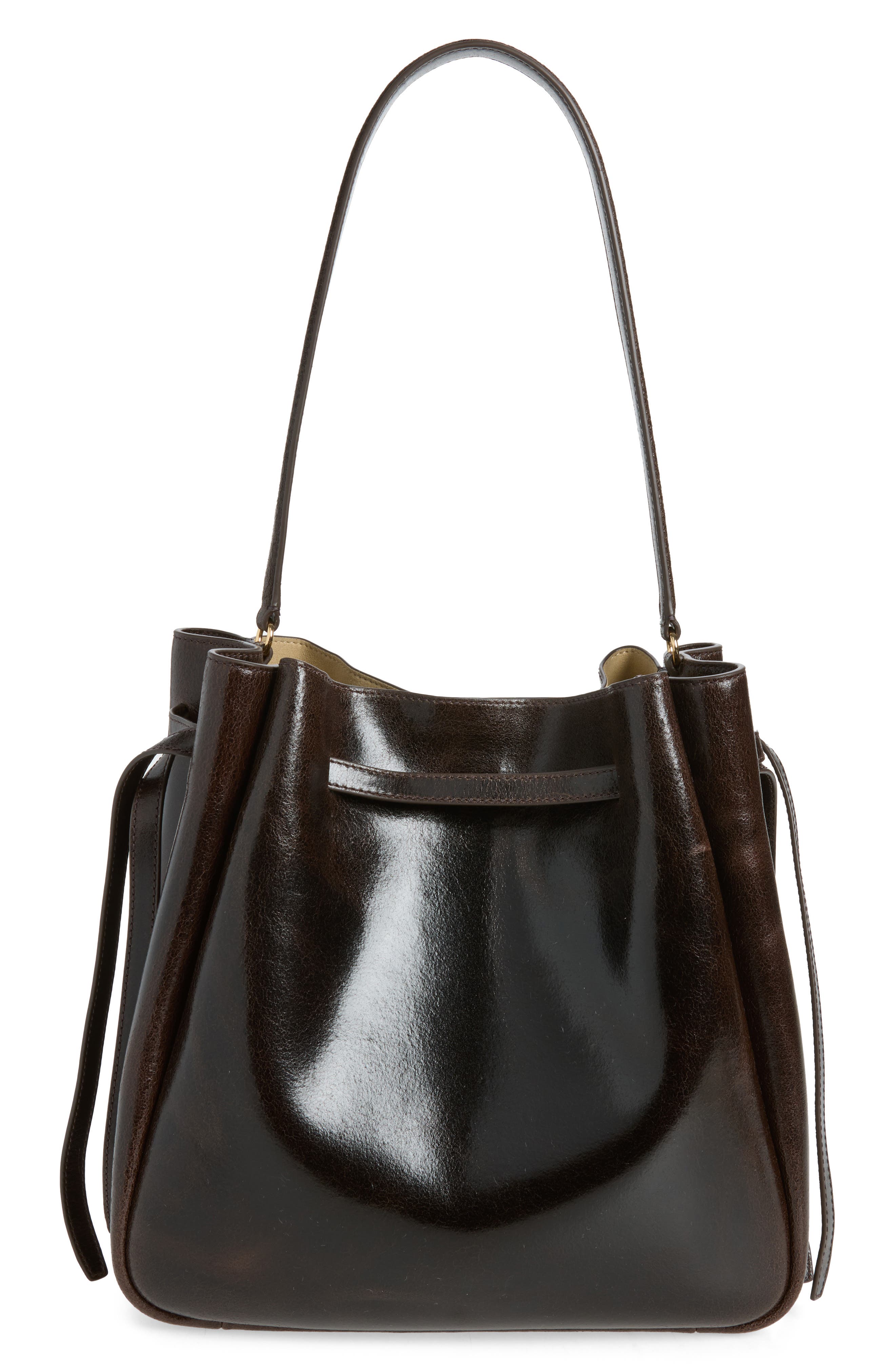 Romy Distressed Large Leather Bucket Bag, Alternate, color, DARK BROWN