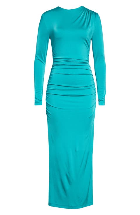 Ruched Long Sleeve Stretch Jersey Dress
