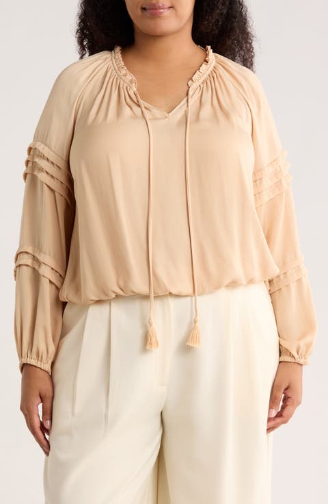 Tie Front Long Sleeve Satin Top (Plus)