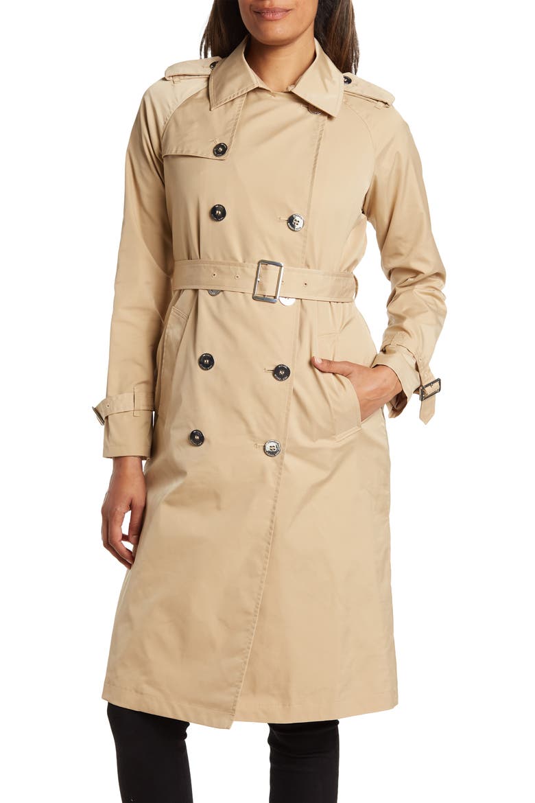 Double-Breasted Belted Rain Trench Coat, Main, color, KHAKI