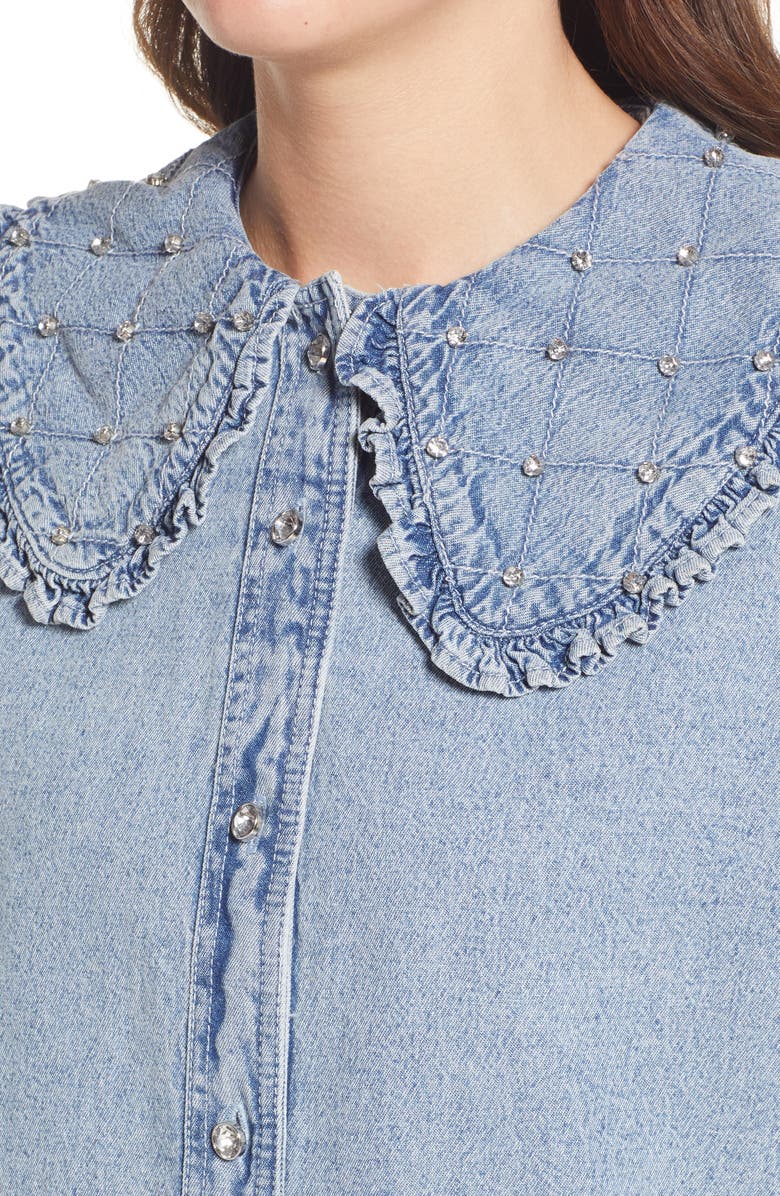 River Island River Islan Rhinestone Collar Chambray Shirt, Alternate, color, 