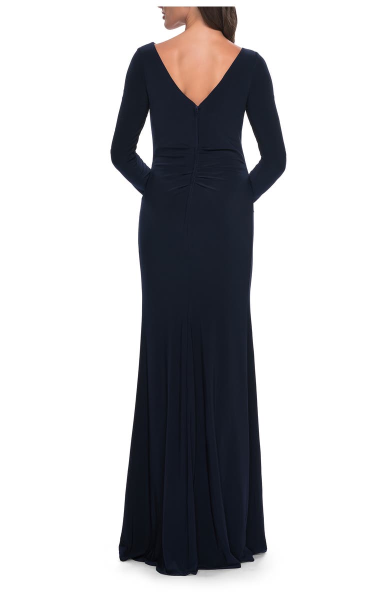 La Femme Chic Jersey Long Dress with Ruffle Detail Skirt, Alternate, color, Navy