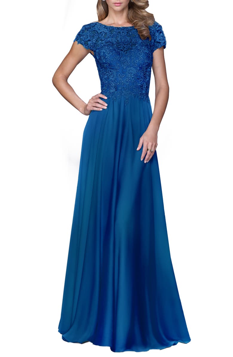 La Femme Lace & Satin A-Line Gown, Main, color, 