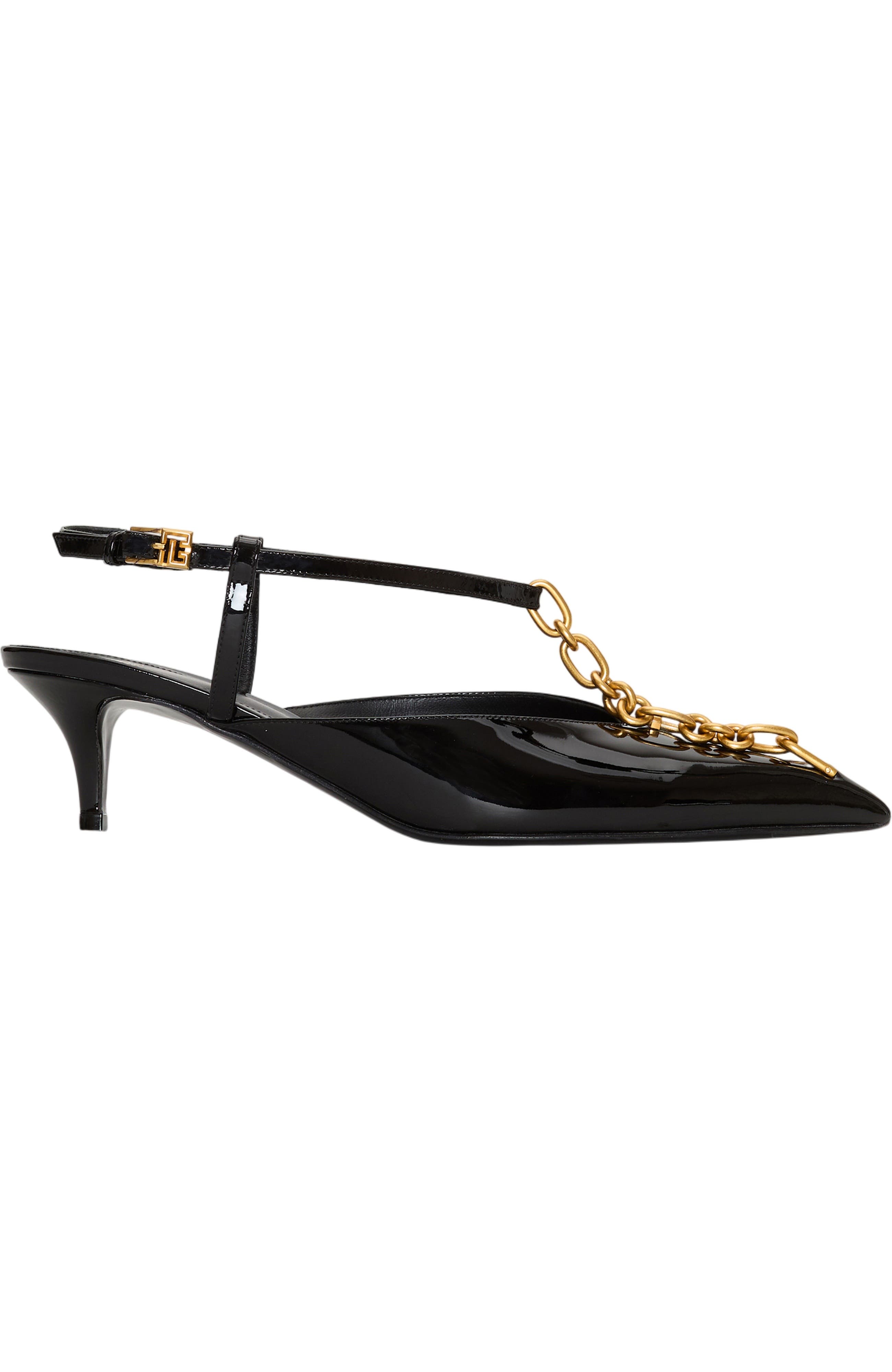 Balmain Sync chain kitten slingbacks in patent leather, Alternate, color, Black