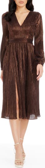 Dress The Population Holly Long Sleeve Metallic Pliss Dress - Silver - M