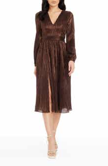 Dress the Population Holly Long Sleeve Metallic Plissé Dress