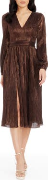 Dress the Population Holly Long Sleeve Metallic Plissé Dress