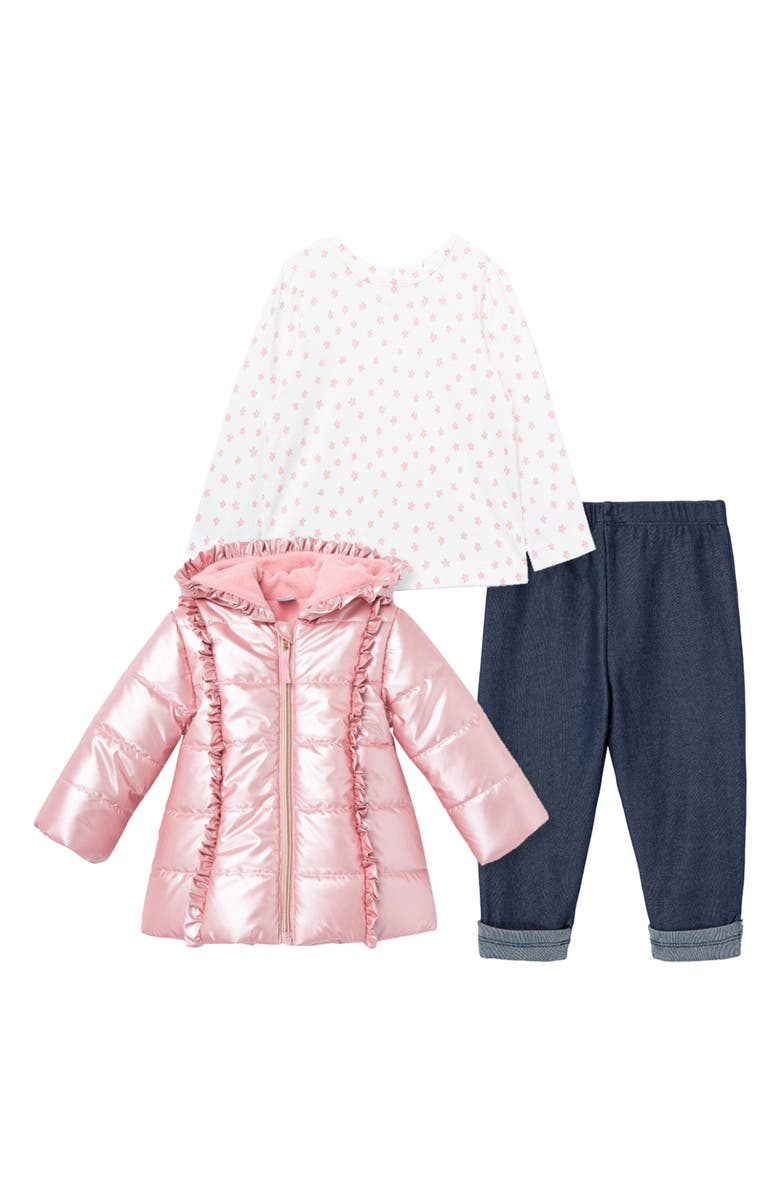 Little Me Satin Hooded Puffer Jacket, Long Sleeve T-Shirt & Leggings Set, Main, color, 