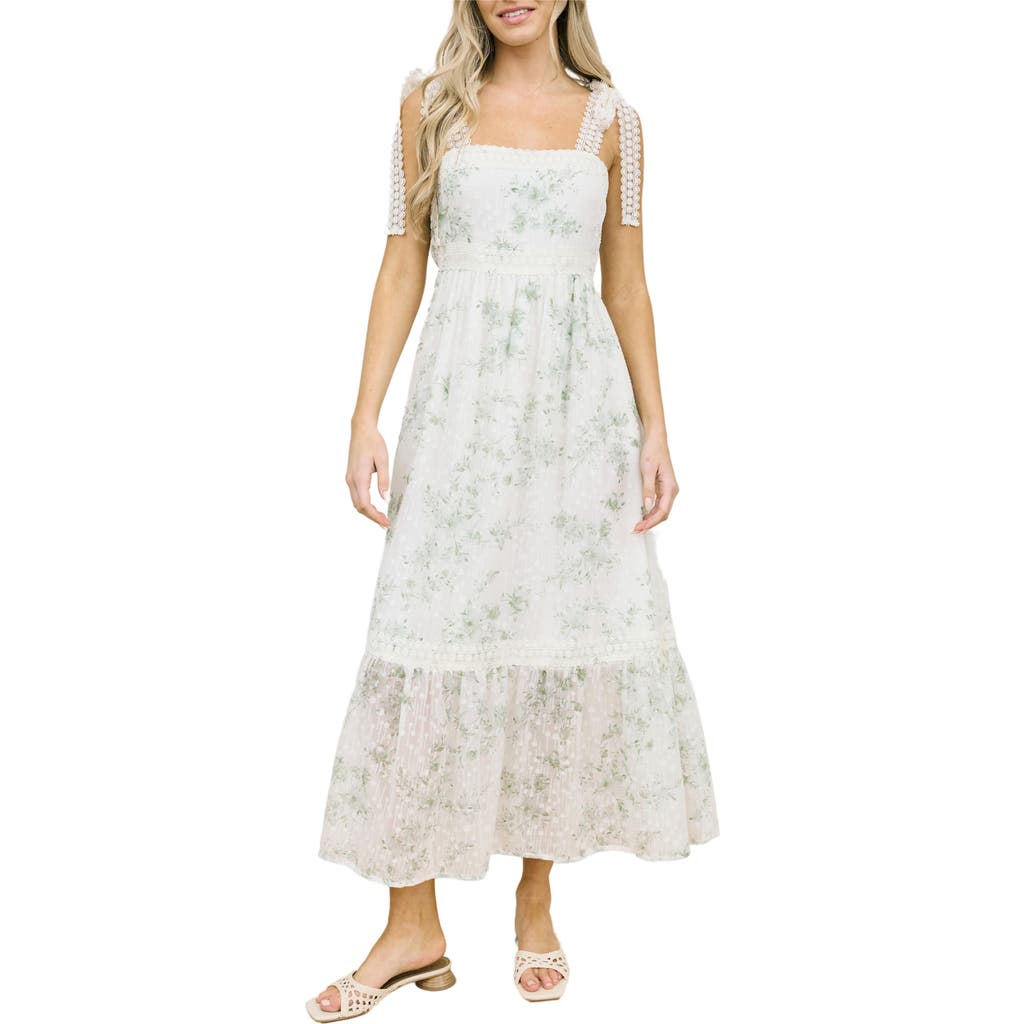 August Sky Floral Tie Strap Empire Waist Maxi Dress In Sage Multi