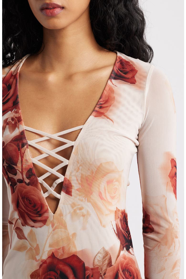 Cambria Print Long Sleeve Mesh Midi Dress, Alternate, color, SEPIA ROSES