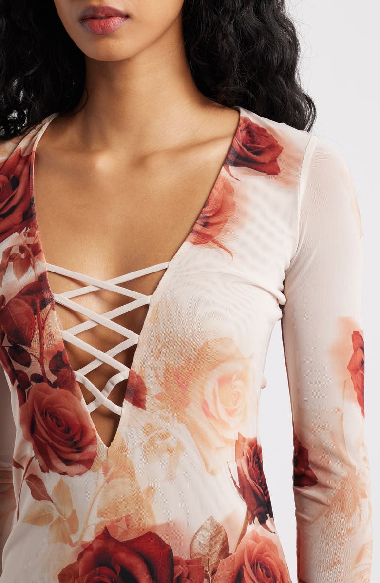 AFRM Cambria Print Long Sleeve Mesh Midi Dress, Alternate, color, Sepia Roses