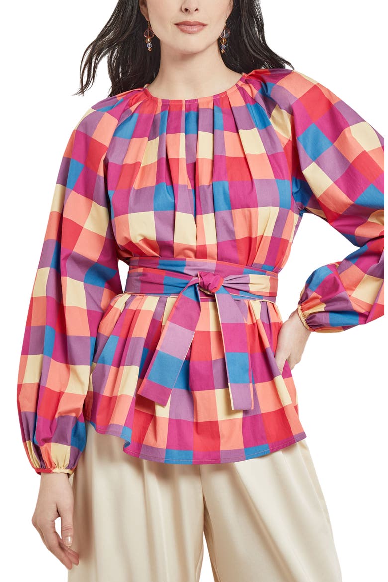 Check Tie Waist Shirt, Main, color, RADIANT PINK/ADRIATIC BLU/PARC