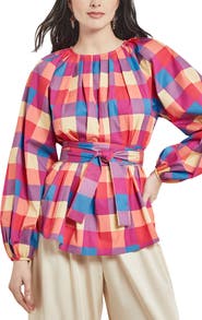 Misook Check Tie Waist Shirt
