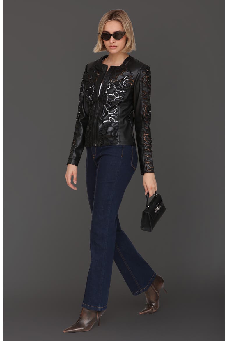 Floral Ladder Cutout Faux Leather Jacket, Alternate, color, BLACK