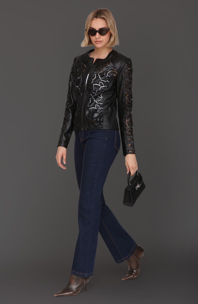 Bagatelle Floral Ladder Cutout Faux Leather Jacket, Alternate, color, Black