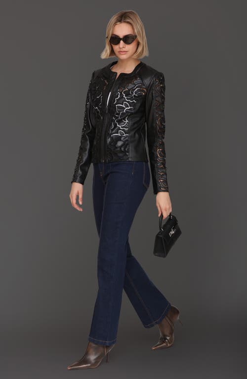 Bagatelle Floral Ladder Cutout Faux Leather Jacket In Black