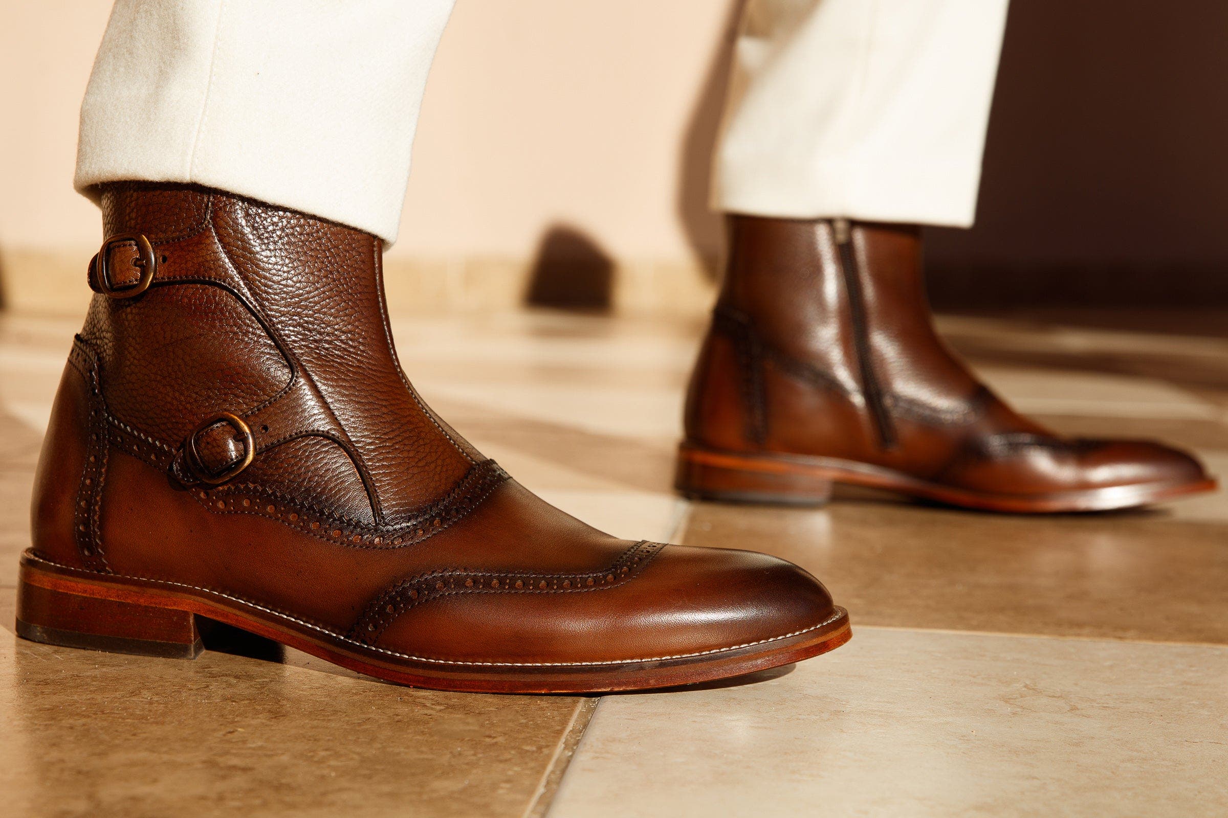 The Rand Leather Double Buckle Brogue Boot With A Zipper, Alternate, color, Brown