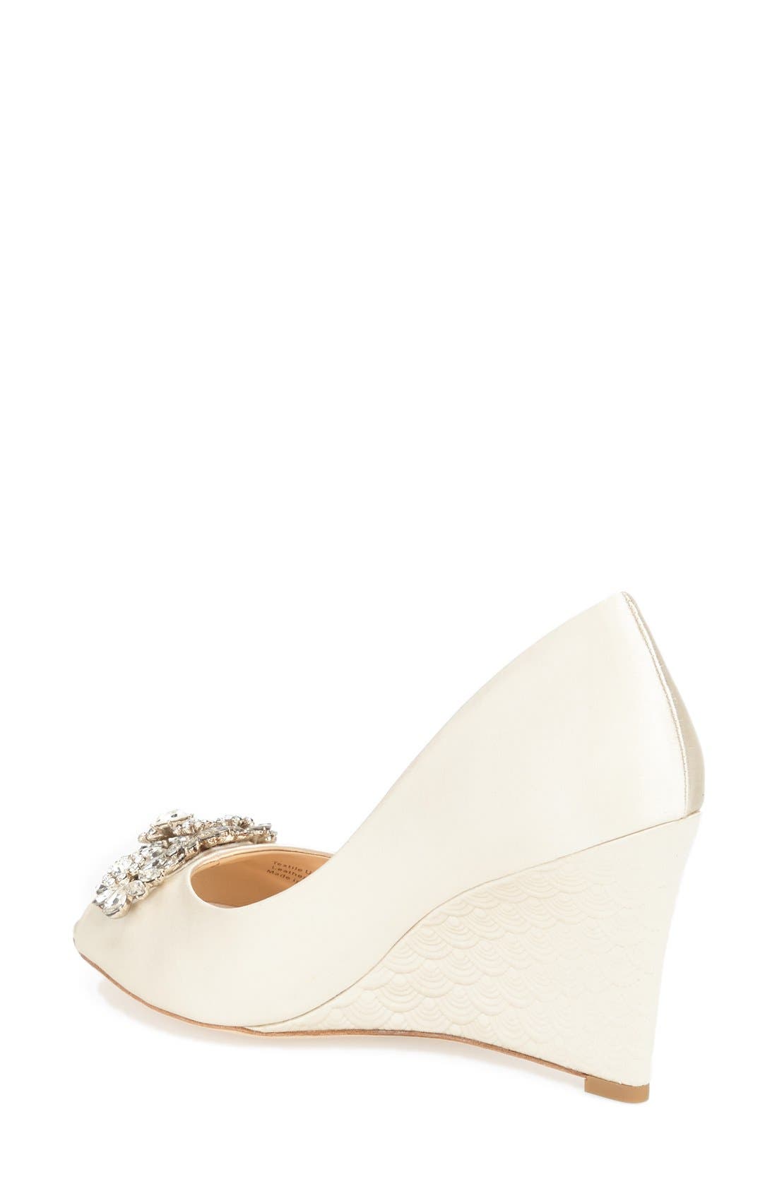 Badgley Mischka 'Dara' Crystal-Encrusted Peep-Toe Wedge, Alternate, color, IVORY SATIN