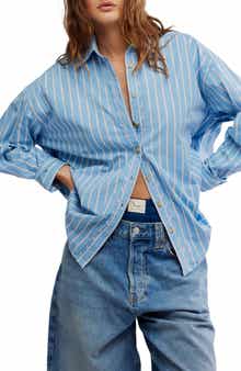 Free People Varsity Vibes Stripe Oversize Cotton Button-Up Shirt
