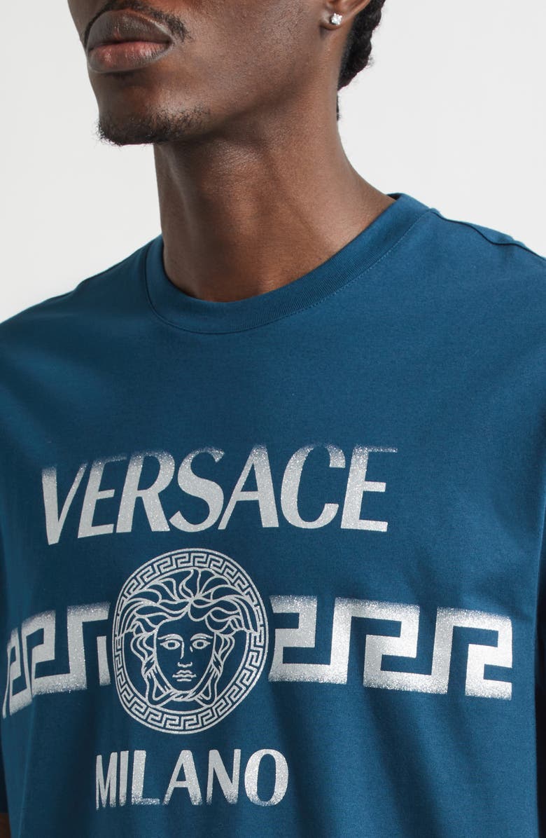 Versace Medusa Glitter Compact Cotton Jersey Graphic T-Shirt, Alternate, color, Petrol Blue