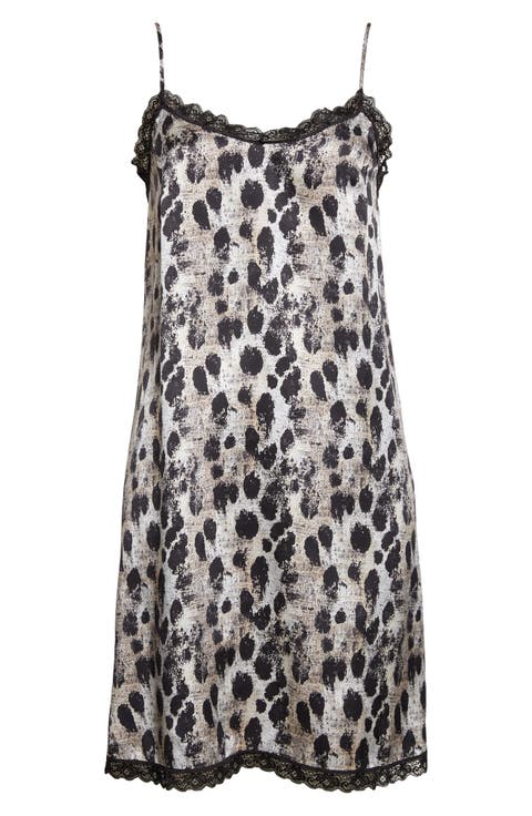 Lace Trim Leopard Print Silk Slipdress