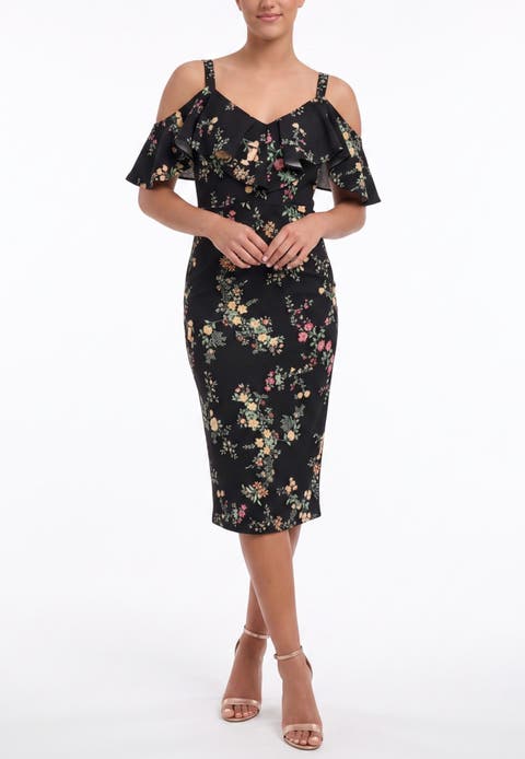 Marcella Printed Off the Shoulder Ruffle Midi Dress