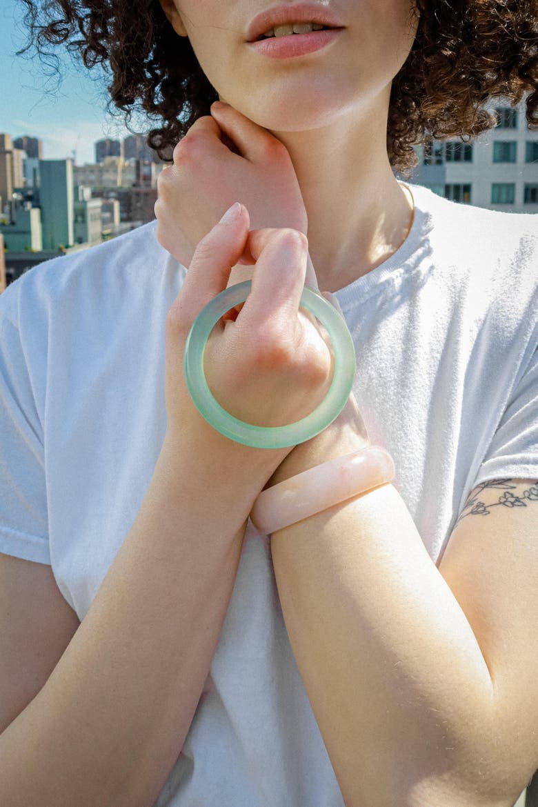 Pond Cyan Skinny Round Jade Stone Bangle, Alternate, color, Cyan