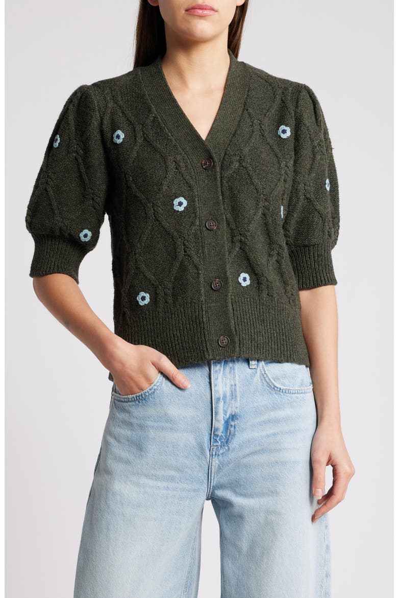 Isla Floral Embroidered Elbow Sleeve Button-Up Cardigan, Main, color, FOREST DAISIES