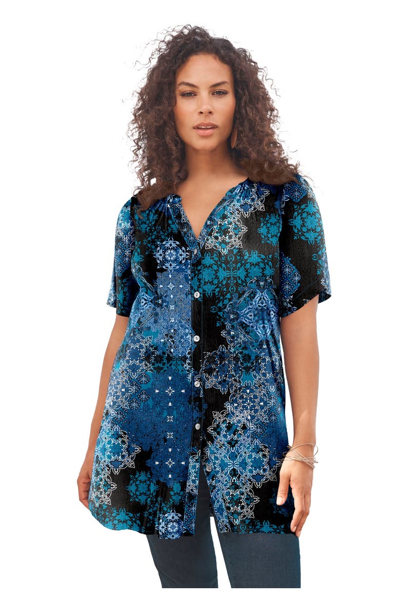 Plus Size Angelina Crinkle Crepe Y Neck Short Sleeve Tunic, Main, color, BLACK LAYERED MEDALLION