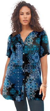 Roaman's Plus Size Angelina Crinkle Crepe Y Neck Short Sleeve Tunic