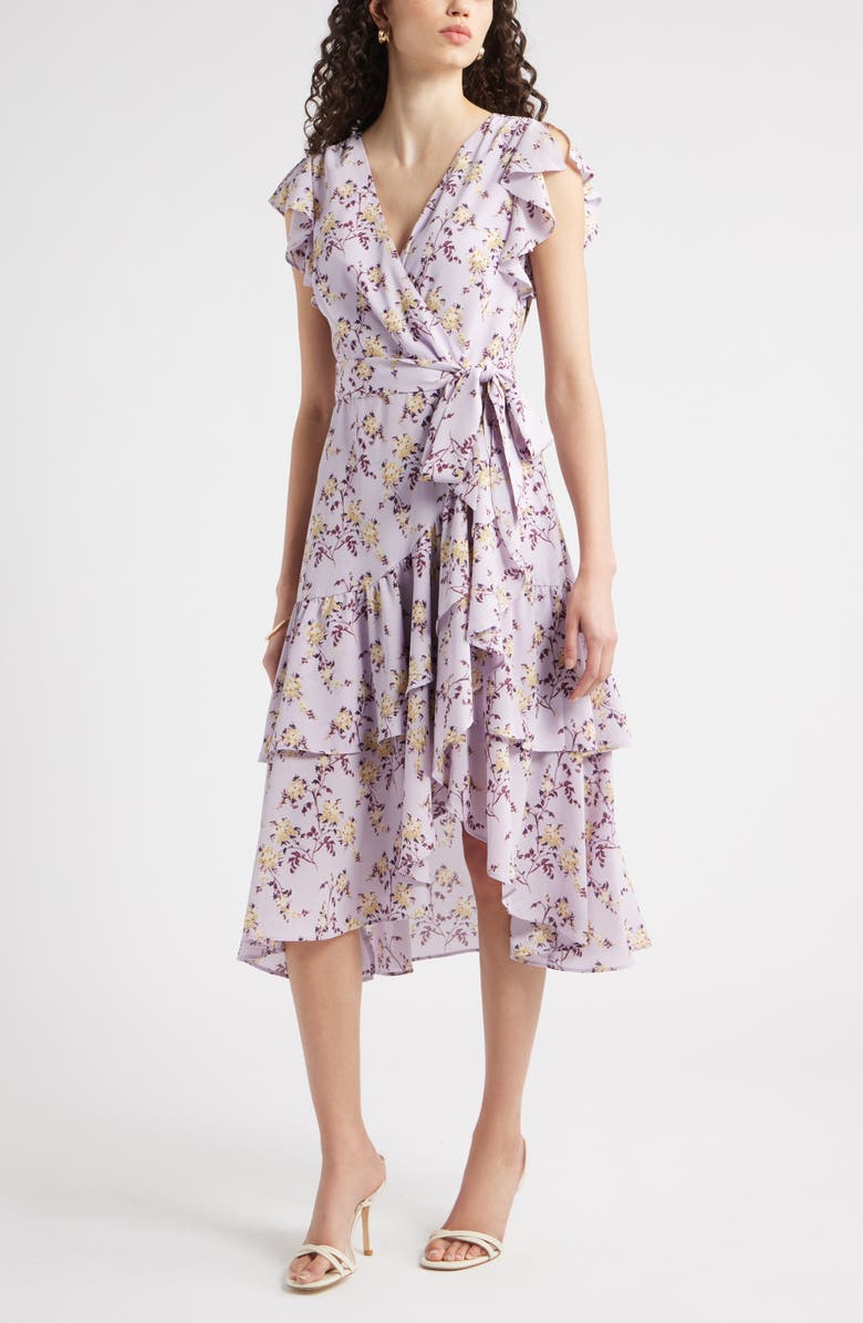 Chelsea28 Flutter Sleeve Faux Wrap Midi Dress, Main, color, Purple- Tan Melody Floral