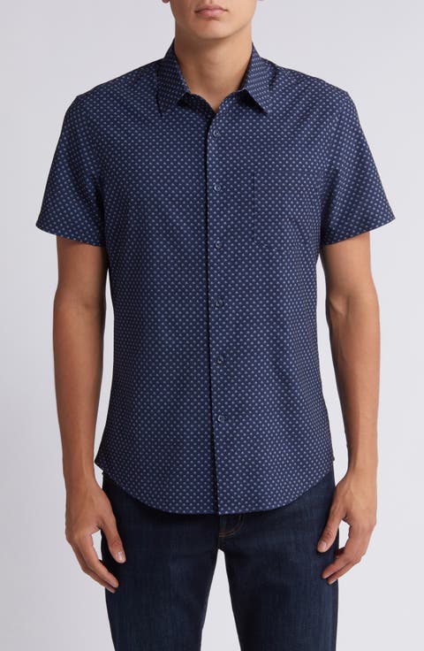 Trim Fit Neat Short Sleeve Stretch Cotton Button-Up Shirt