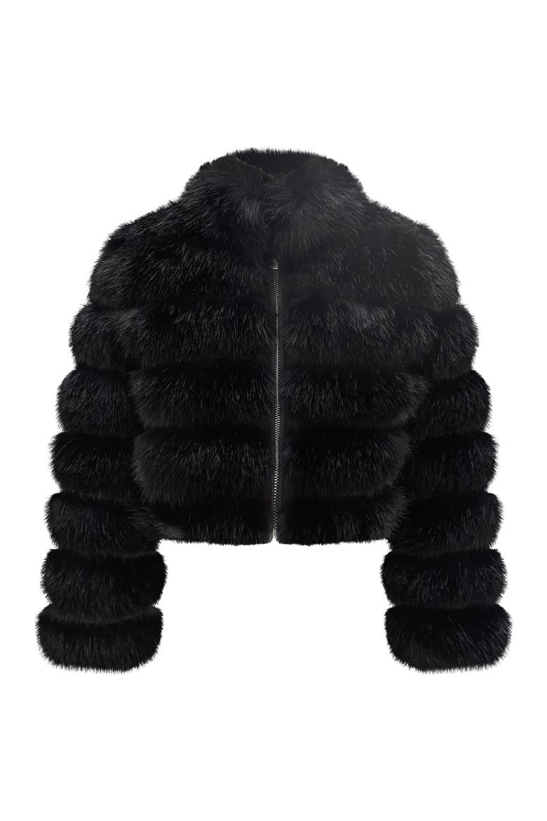 Fur-Free Fox (Faux Fur) Horizontal Zip Short Jacket, Alternate, color, BLACK