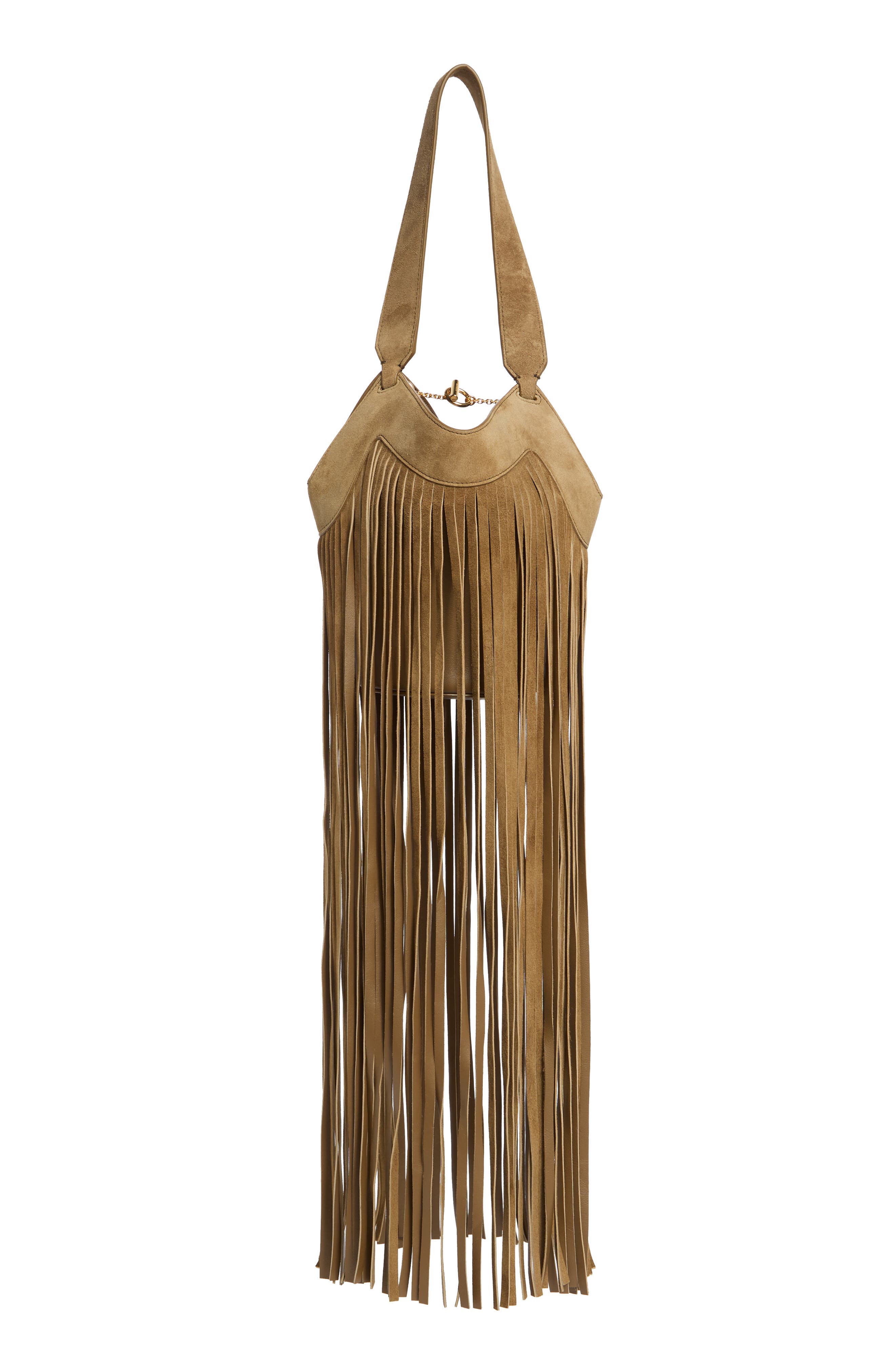 Nano Lotus Fringe Suede Tote, Main, color, MUD