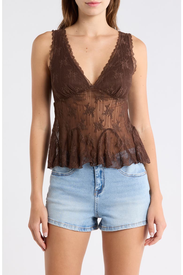 V-Neck Lace Trim Flare Tank, Main, color, CHESTNUT BROWN