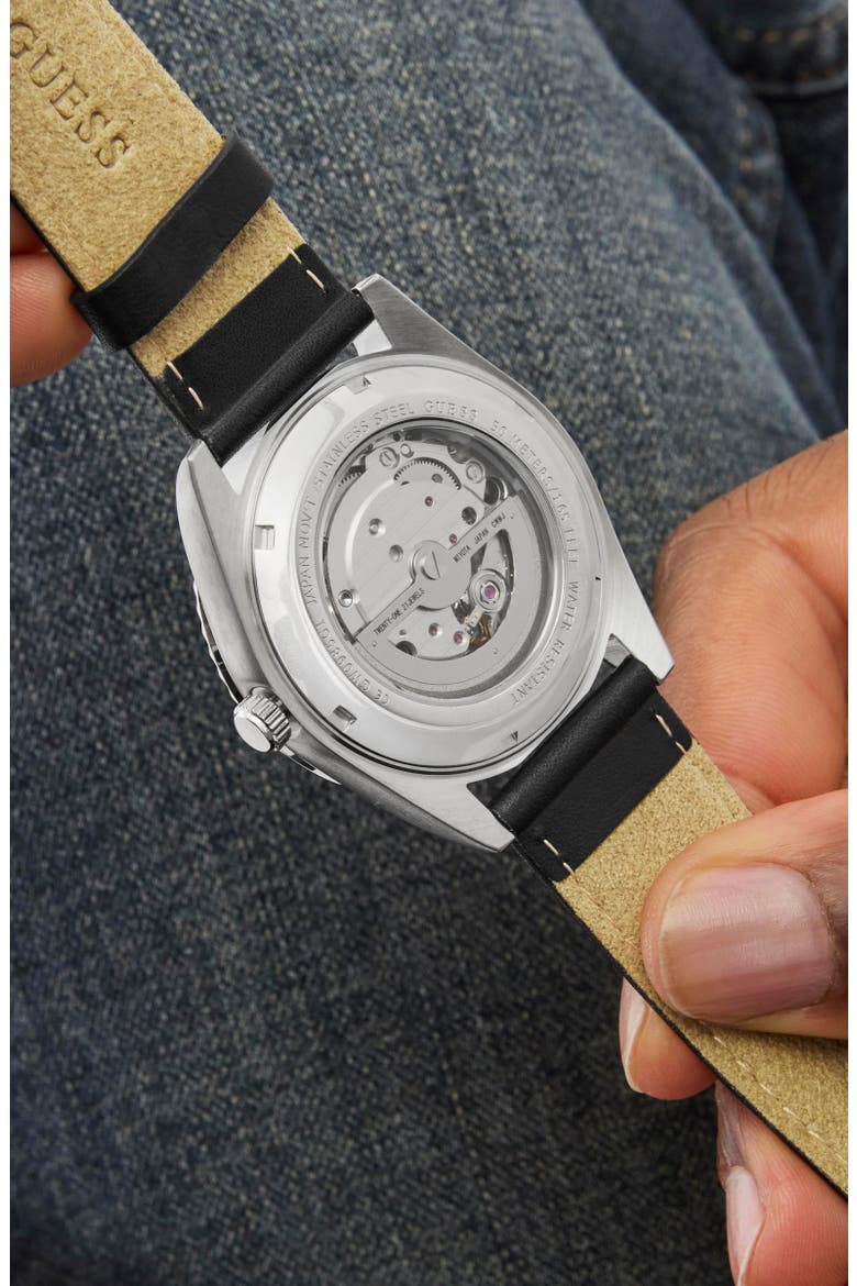 Open Heart Automatic Leather Strap Watch, 42mm, Alternate, color, BLACK/ SILVER
