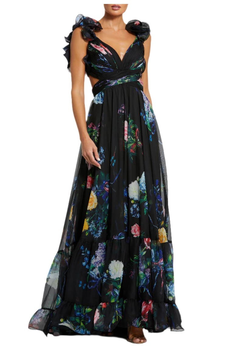 Mac Duggal Ruffle Tiered Floral Cut-Out Chiffon Gown, Main, color, 