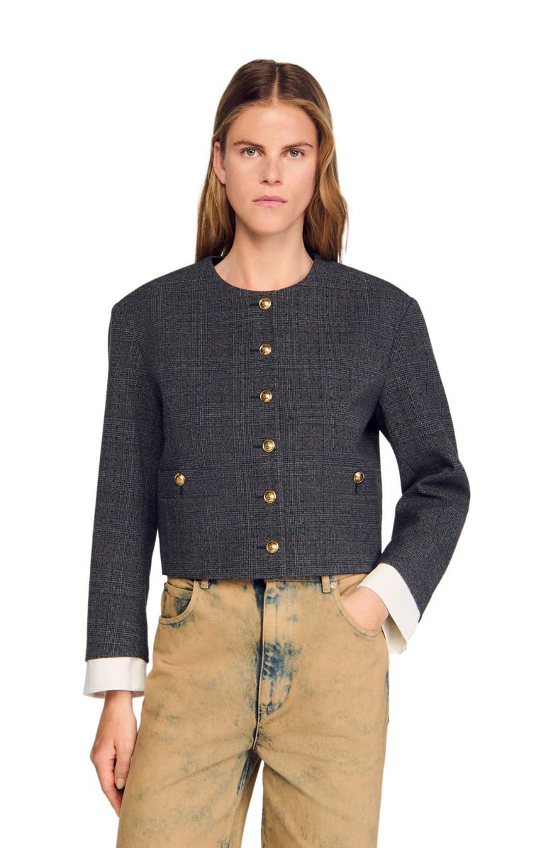 SANDRO Rhinestone tailored jacket, Alternate, color, Grey / Brown