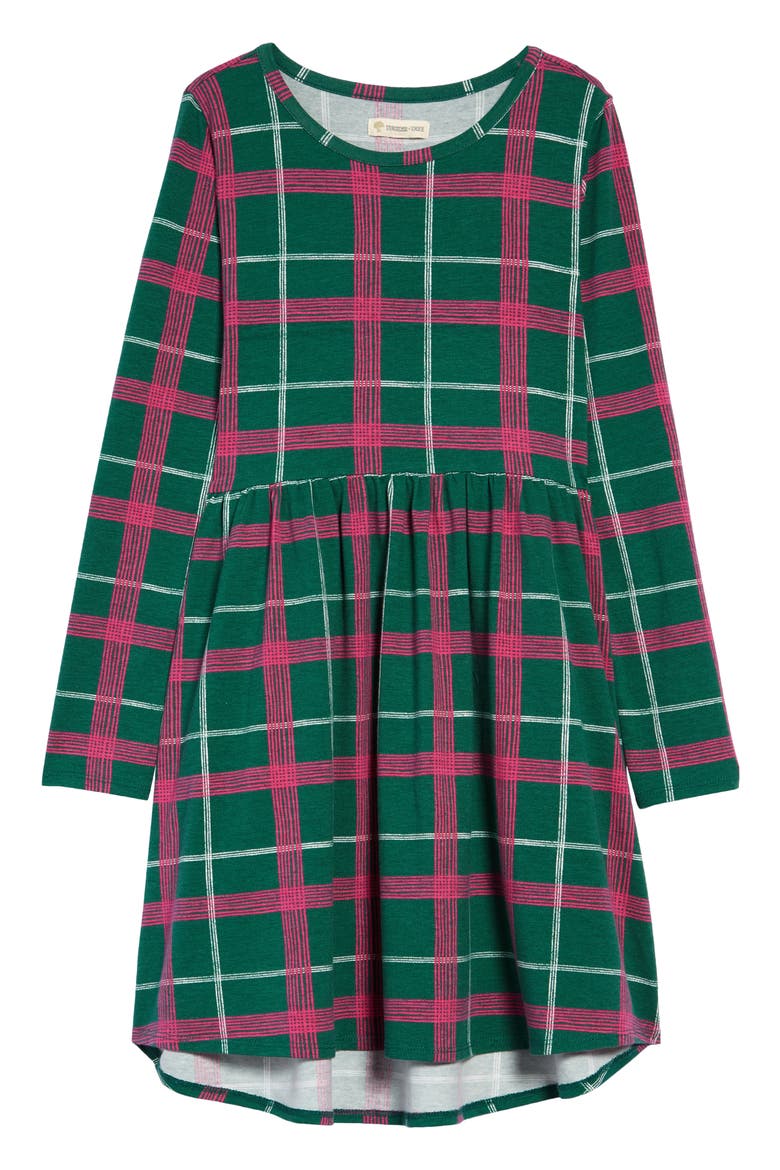 Kids' Print Long Sleeve Dress, Main, color, GREEN EVERGREEN ART PLAID